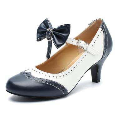 Imagem de LIURUIJIA Sapato social feminino de salto baixo Mary Jane Oxfords confortável com tira no tornozelo com laço, Azul-marinho e branco, 41