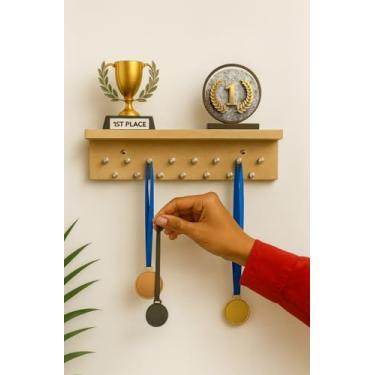 Imagem de Porta Medalhas e Troféus Premium, MDF, 15 Pinos, Prateleira Decorativa (MDF cru)