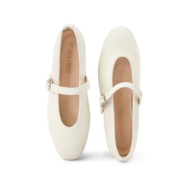 Imagem de LUCKY STEP Mary Jane Vestido de balé feminino com fivela e tira de fivela, bico fino, diário, casual, salto baixo, couro sintético, formal, Bege, 36