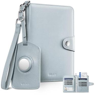 Imagem de VULKIT Porta-passaporte AirTag, 4 passaportes, 2 em 1 com bloqueio de RFID, capa para a família com etiqueta de bagagem e alça de pulso, comporta cartão de identificação, mais de 6 cartões, 4