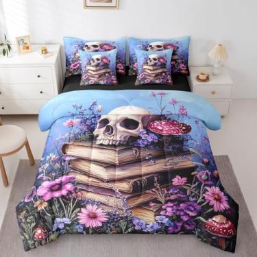 Imagem de Manfei Conjunto de cama queen vintage Farmhouse, 7 peças, com estampa floral, livro de caveira, estilo gótico (edredom + elástico + lençol de cima + fronhas + fronhas de travesseiro), Queen