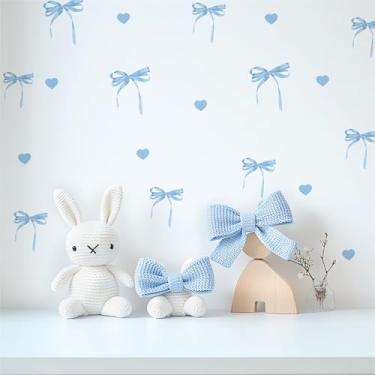 Imagem de sacinora 6 folhas de adesivos de parede de laço azul, decalque de parede com estampa de nó de laço removível de vinil removível para festa berçário quarto cozinha armário geladeira arte decoração de