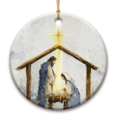 Imagem de CHOANG Ornamento de presépio religioso 2025 - Decoração de Natal de cerâmica para homens e mulheres cristãos e católicos - Decoração de árvore de Natal com cena do nascimento de Cristo