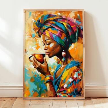 Imagem de Pintura de mulher negra colorida arte de parede em tela afro-americana Boho imagens femininas preto café arte de parede pintura tribal africana arte de menina afro-americana pôster colorido café para