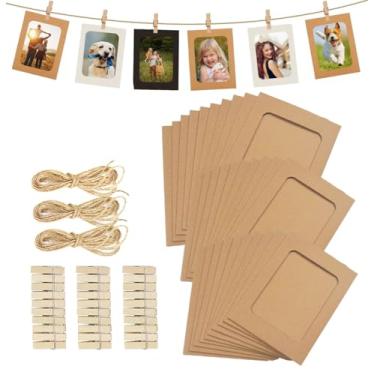 Imagem de BetterJonny 30 molduras de papel, moldura kraft de 10 x 15 cm para festa em casa, escritório, com mini clipes de madeira e cordas de juta
