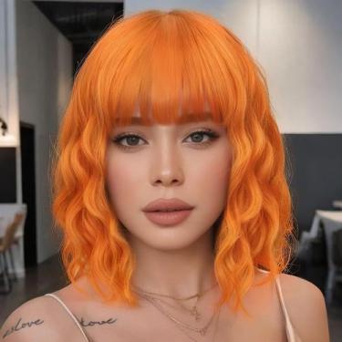 Imagem de Peruca AISI HAIR laranja sintética ondulada encaracolada com franja