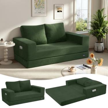 Imagem de COMAX Sofá-cama Queen conversível dobrável, sofá-cama dobrável, futon, colchão de veludo cotelê com almofadas traseiras, sofá desossado confortável para sala de estar, quarto, verde