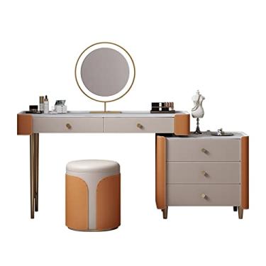 Imagem de Escrivaninha de penteadeira Penteadeira de maquiagem com 5 gavetas, espelhos e banco, conjunto mesa couro ardósia para quarto(Grande)