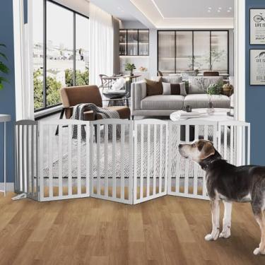Imagem de SFJC Portão interno independente para cães, portões dobráveis para cães, escadas ou corredores, portão branco de madeira para animais de estimação para casa, cerca para animais de estimação com pés de