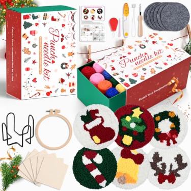 Imagem de Atawlege Kit de agulhas de punção de Natal, conjunto de bordado de agulha de perfuração DIY para adultos e crianças iniciantes, porta-copos de árvore de Natal Papai Noel para presente com fios de