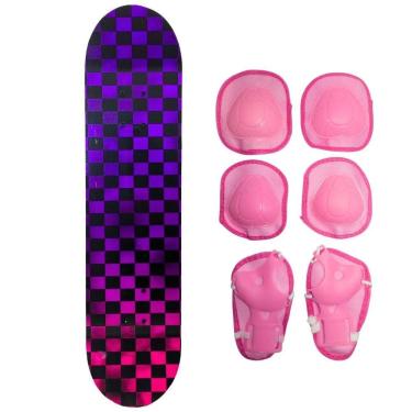 Imagem de Skate Infantil Radical Xadrez + Acessórios De Proteção Rosa
