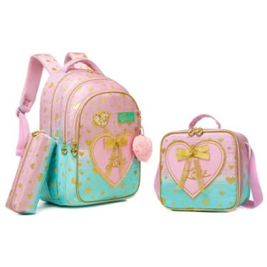Imagem de Conjunto de Mochila Infantil 3 Peças, Corações e Laço, Mochila Escolar com Bolsa Térmica e Estojo (Rosa Verde)