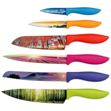 Imagem de Conjunto de Facas em Aço Inoxidável com Bloco de Bancada, 6 Peças, Colorido, CHEFS VISION, Amarelo