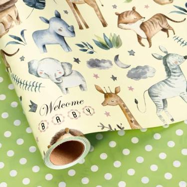 Imagem de MAYPLUSS Rolo de papel de embrulho de animais selvagens, papel de embrulho de chá de bebê para bebê neutro, lindo embrulho de safári com elefante girafa zebra leão design para aniversário infantil