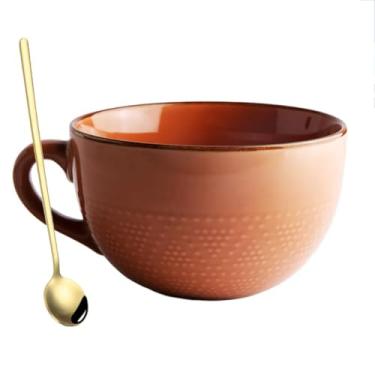 Imagem de hengshukeji Caneca de café grande de cerâmica de 700 ml com porta-copos e colher, xícara de sopa de grãos/caneca de café/tigela de salada para café, chá, sorvete, cereais (laranja avermelhado)