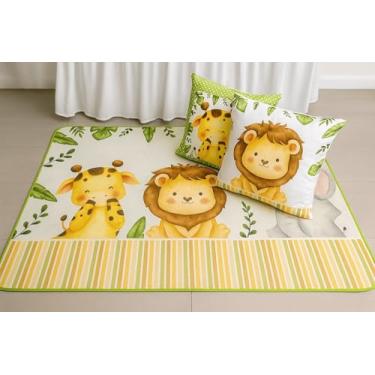 Imagem de Kit Tapete Infantil 1,35X1,00 Decorativo com 2 Almofadas, Base Antiderrapante para Quarto e Área de Brincadeiras (SAFARI BABY)