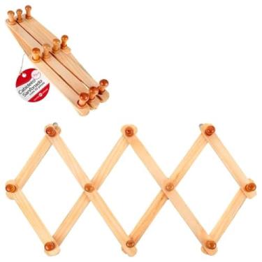 Imagem de Cabideiro Pinus Sanfonado Parede Porta Chaves Bonés Chapeus Casacos Jaquetas Blusas Roupas Multifuncional 10 Pinos Expansível Utensílio Doméstico Madeira Premium