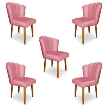Imagem de Kit 5 Cadeiras de Jantar Pétala Estofada Pés Palito Veludo Rosa - Montanaris Decor