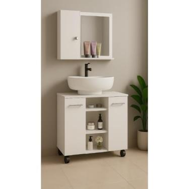 Imagem de Armário Para Banheiro Kit Completo Gabinete Para Pia De Coluna Com Rodízios + Espelheira Com Prateleira (BRANCO)