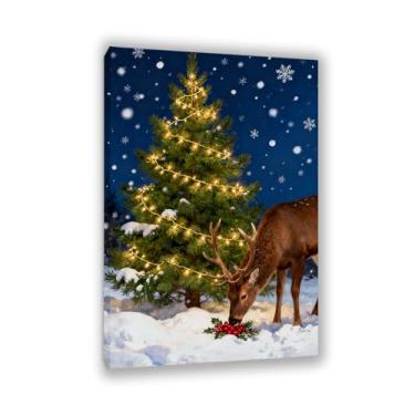 Imagem de Zeichn8u Arte de parede em tela vintage decoração de natal pinho nevado rena inverno pintura de natal sala de estar retrô Papai Noel, festa de Natal, casa de campo, obras de arte, presentes 45 x 30 cm