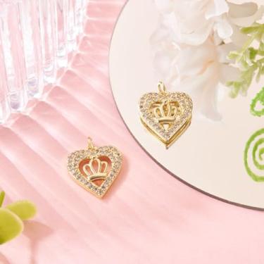 Imagem de 2 pingentes de coração de zircônia de latão 16,5 x 15,5 x 3 mm com anel de salto, coração banhado a ouro 18K real com pingente de coroa para colar faça você mesmo, pulseira, suprimentos para