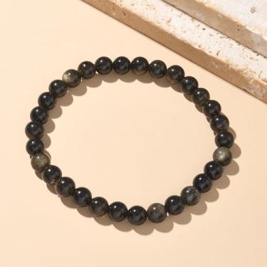 Imagem de 1 pulseira com contas de obsidiana, brilho dourado natural, contas de obsidiana, pulseiras elásticas de fio redondo com contas, conjunto de pulseiras multicamadas para homens e mulheres, bijuterias