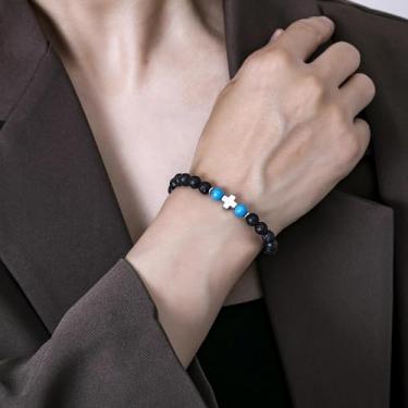 Imagem de Pulseira de contas feita à mão para homens e mulheres, cordão elástico com pedra natural e contas de destaque, joia de pulso ajustável, 7.68Inches, Rocha vulcânica, Sem Pedra Preciosa