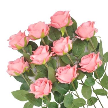 Imagem de Kenpal Pacote com 10 flores artificiais de rosas falsas realistas com haste para decoração de arranjos florais e buquês de casamento (rosa coral)