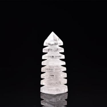 Imagem de JIC Gem Estátua de torre de cristal de quartzo transparente natural pagode de cristal de cura Zen Feng Shui decoração para escritório casa ornamentos de mesa estatuetas colecionáveis (0,6-0,8 kg)