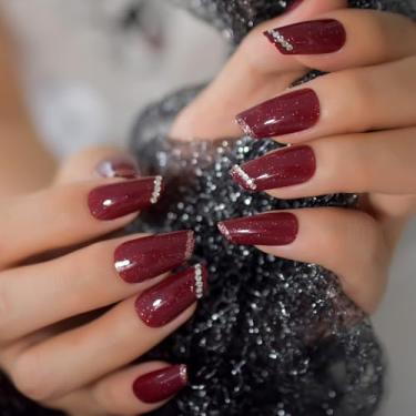 Imagem de Conjunto de unhas curtas de Natal vermelho escuro, unhas postiças curtas de Natal, kit de unhas reutilizáveis com abas adesivas para unhas, mini lixa de unha, kit de 24 peças, presente feminino e