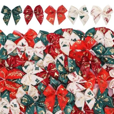 Imagem de 100 peças mini laços de Natal 3,5 cm laços de fita de Natal para artesanato 5 estilos vermelho verde pequeno laço de laço torcido para embrulho de presente, guirlanda de costura, faça você mesmo