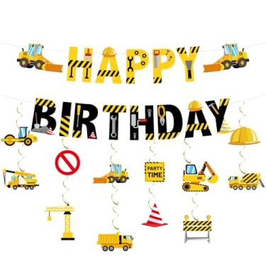 Imagem de Faixa de Feliz Aniversário de Construção, Suprimentos para Festa com Tema Caminhão Decoração Redemoinhos Pendurados para Festa Aniversário Menino e Menina