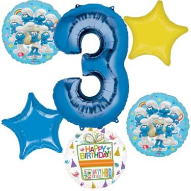 Imagem de Anagram 3rd Birthday Party Supplies Boy Smurf's Theme Balloon Bouquet Decorations