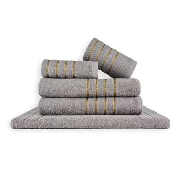 Imagem de Jogo de Toalhas de Banho 5 Peças 100% Algodão – 2 Toalhas de Banho Grandes e Macias + 2 de Rosto + 1 Tapete Antiderrapante para Banheiro (Cinza)