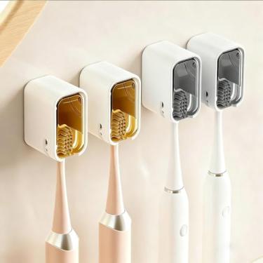 Imagem de Pacote com 4 porta-escovas de dentes, suporte de escova de dentes elétrico montado na parede com capa, design inovador de slot único, para família de chuveiro e viagens (2 cinza, 2 marrons)