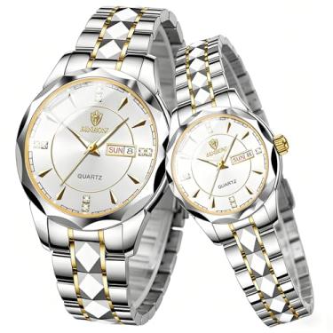 Imagem de dayutech 2 peças de relógios para casais para namorados masculino e feminino, calendário luminoso, impermeável, dourado, prata, aço inoxidável, rosto azul, conjunto para ele e para ela, conjunto para