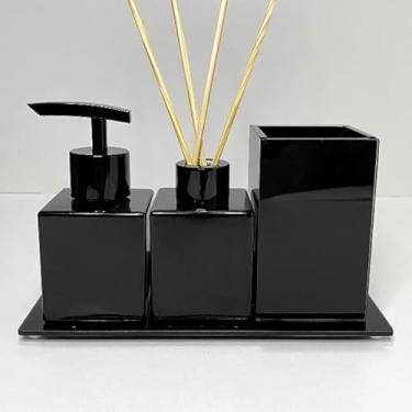 Imagem de Kit Lavabo Preto Luxo com Porta Escova – Vidros para Difusor e Sabonete Líquido + Bandeja Decorativa 100ml(SEM BANDEJA,PRATA)