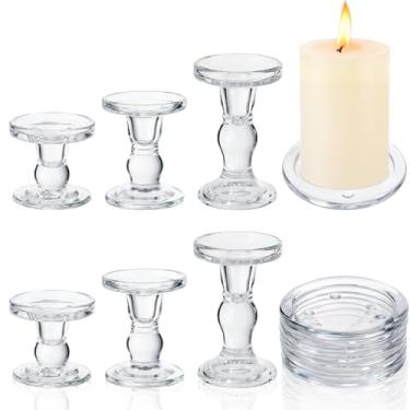 Imagem de Teenyyou Conjunto de 12 peças de suporte de vela e pratos de pilar de vidro, castiçal cônico, bandeja redonda de vidro transparente de 7,6 cm para decoração de festa de casamento, mesa de jantar
