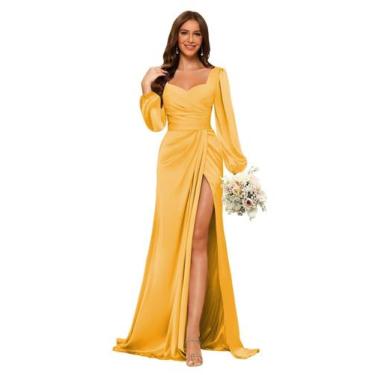 Imagem de Vestido de dama de honra Dessiny, amarelo mostarda, cetim, mangas comp