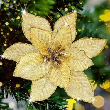 Imagem de Lippbest 12 peças, flor de poinsétia, poinsétia artificial com haste, decoração de Natal, purpurina, poinsétia, enfeites de Natal, árvore de Natal, decoração de flores, faça você mesmo, guirlanda de