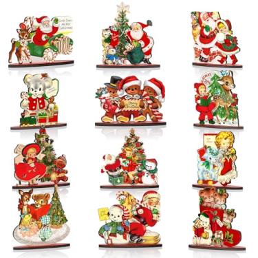 Imagem de Culudea 12 peças de decoração de mesa de madeira vintage de Natal Noel Feliz Natal placas de mesa rústica casa de fazenda papai noel rena festa centros de mesa para casa prateleira decoração interna
