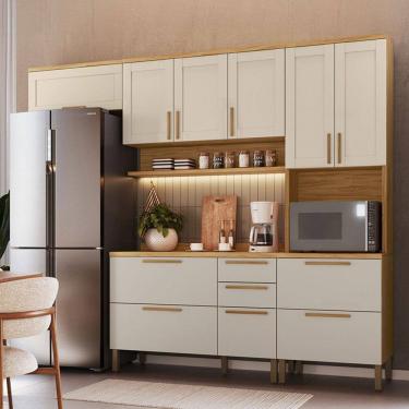 Imagem de Armário de Cozinha Americana Modulada com Balcão e Tampo 11 Portas 2 Gavetas Texas 100% Mdf Amêndoa/Off White - Pnr Móveis