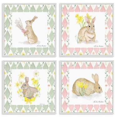 Imagem de Stupell Industries Spring Bunnies on Argyle Conjunto de arte giclée emoldurado preto com 4 peças, design de Lee Ann Sanders, 43 x 43 cm