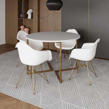 Imagem de Mesa Jantar Industrial Branca 110Cm Redonda Base V Com 4 Poltronas Daw Brancas Base Dou Branco
