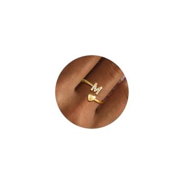 Imagem de Fezodo Anéis de Inicial de Ouro para Mulheres Não Manchas, Delicados Banhado a Ouro 14K Inicial Ajustável Anel Bonito Coração Letras Presentes de Aniversário para Mulheres, Latão, Sem pedra preciosa