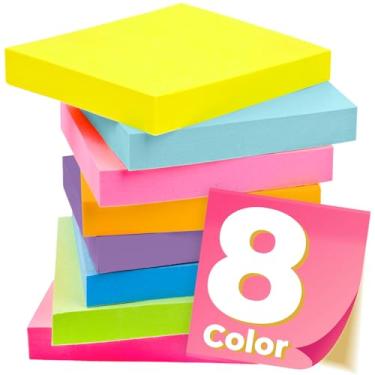 Imagem de Notas adesivas de 7 x 7 cm, almofadas autoadesivas de cores brilhantes, fáceis de colocar para casa, escritório, notebook, 100 folhas/bloco (pacote com 8)