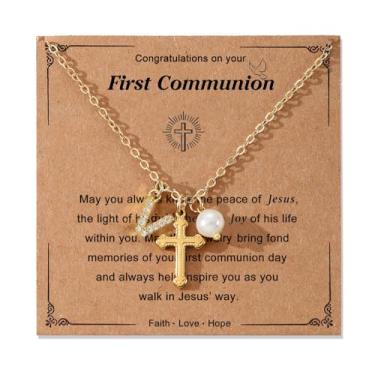 Imagem de Colar com cruz de pérola inicial para mulheres, adolescentes, primeira comunhão, batismo, confirmação de aniversário, Páscoa, presentes para sua afilhada, Medium, Cobre, Sem Pedra Preciosa