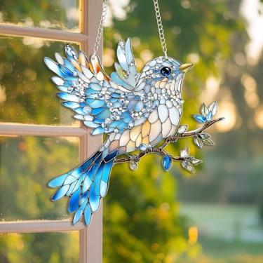 Imagem de Bob22store Captador de sol estilo vitral de pássaro azul, 15 cm de acrílico para janela, decoração de apanhador de luz de pássaro azul colorido para casa ou jardim, ornamento plano 2D presente para