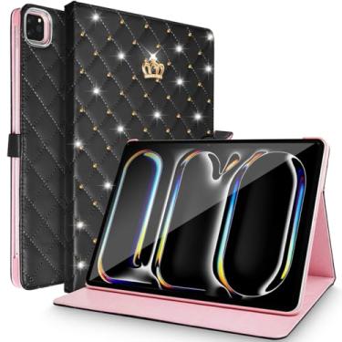 Imagem de AuroiCCY Capa para iPad Pro 27.9 cm (M4) 2024, couro PU à prova de choque inteligente despertar/hibernar, vários ângulos de visão, coroa de meninas e mulheres, capa fólio com suporte de diamante fofo