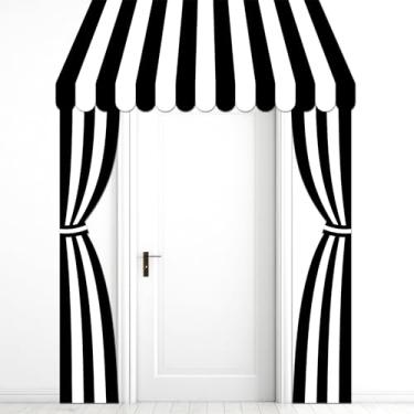 Imagem de Faixa de varanda de festa de circo tema carnaval decorações de festa Halloween preto e branco listrado toldo circo aniversário porta pendurar faixa tenda para Halloween carnaval sorvete caminhão foto